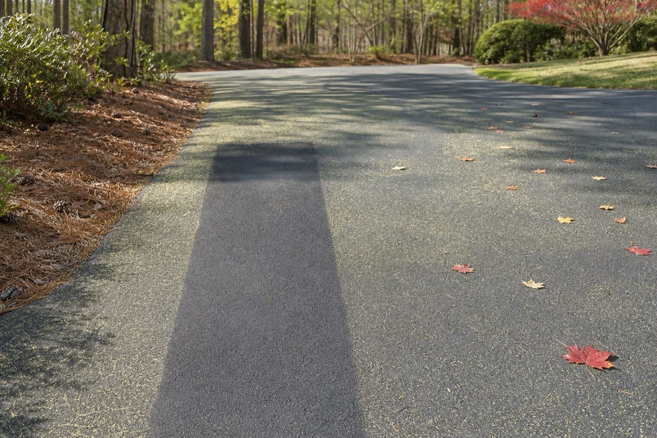 Piedmont asphalt showing pine pollen, a clean strip, and early fall leaves