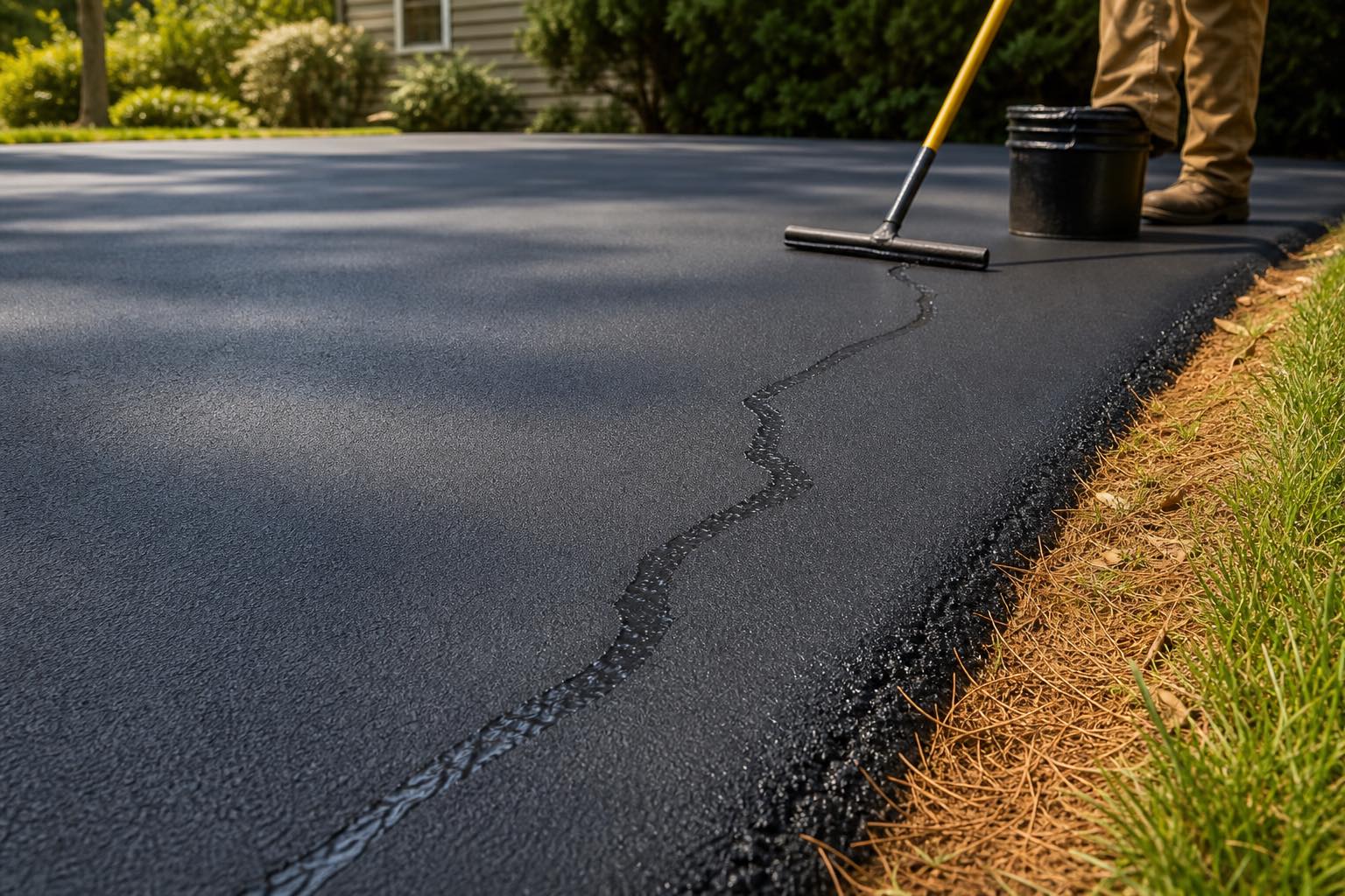 Squeegee application of asphalt sealer along a residential driveway edge